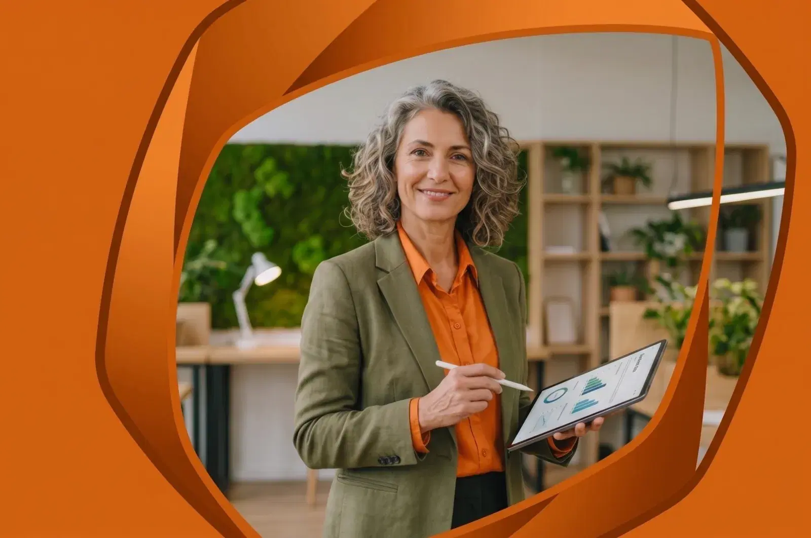 Mulher sorridente segurando um tablet com gráficos, emoldurada pela abertura laranja do logotipo da Ethicos.